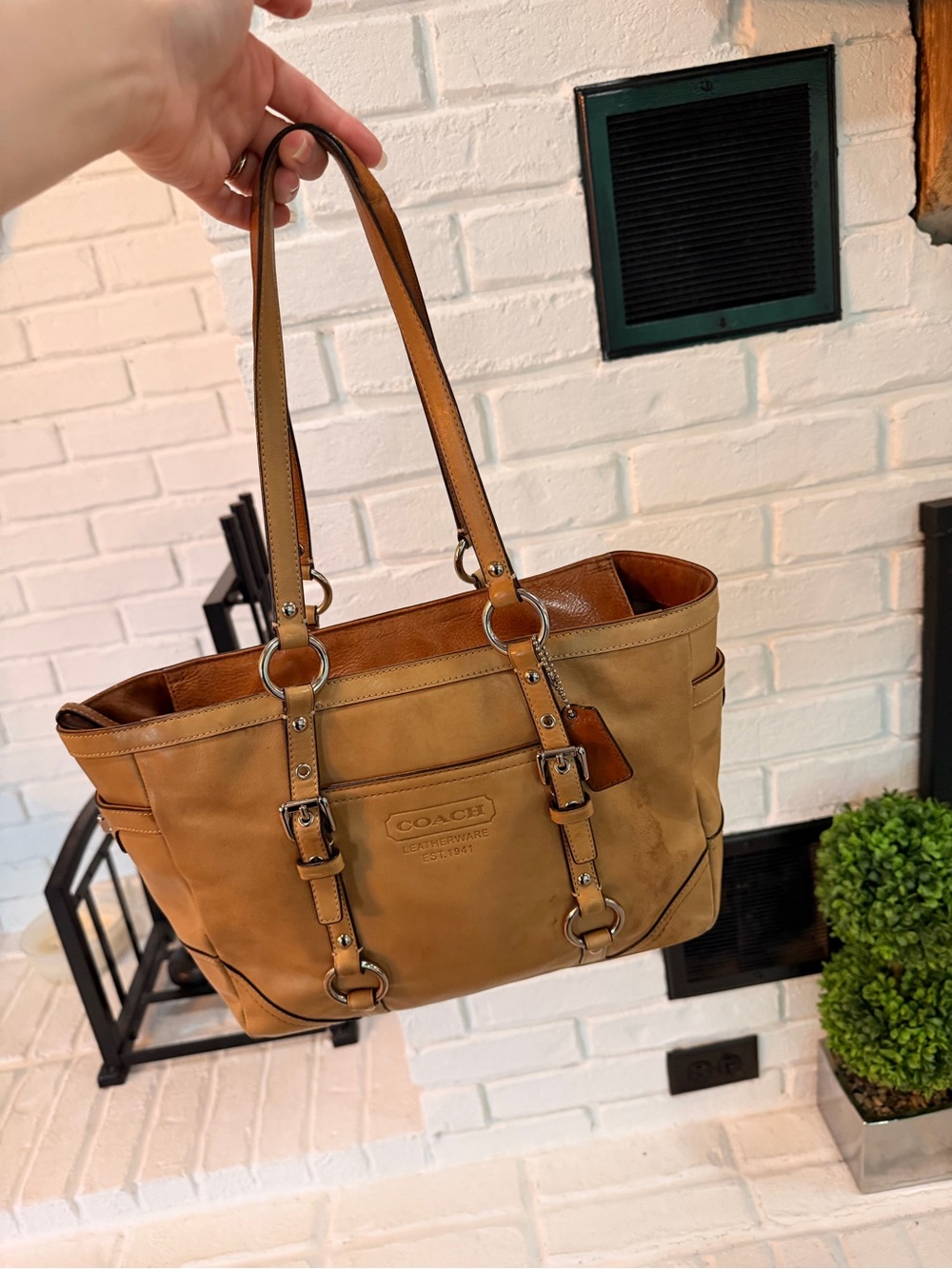 Vintage Coach Tan Leather Tote Bag - Signature Embossed Logo